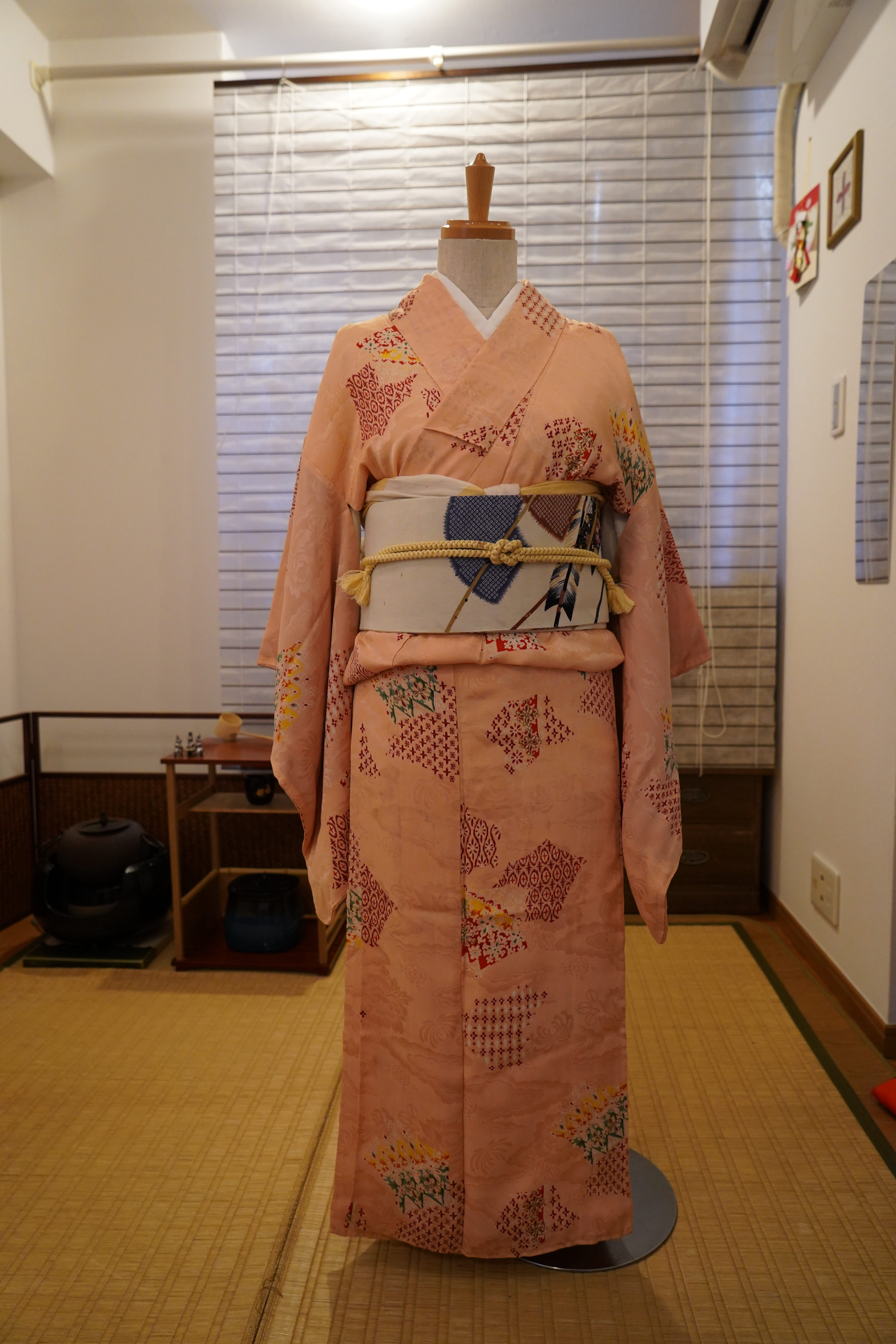 Semi-antique hanhaba obi with checkered design wafuku- Japanese craft silver and gold Kimono belt for kitsuke or home decor